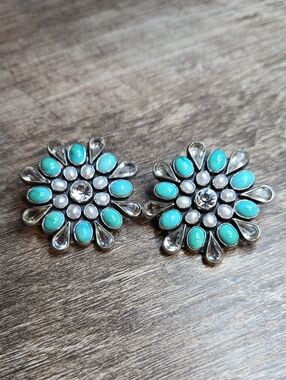 Federico Jimenez Sterling Silver Turquoise Pearl Cluster Clip-On Earrings 1.25”